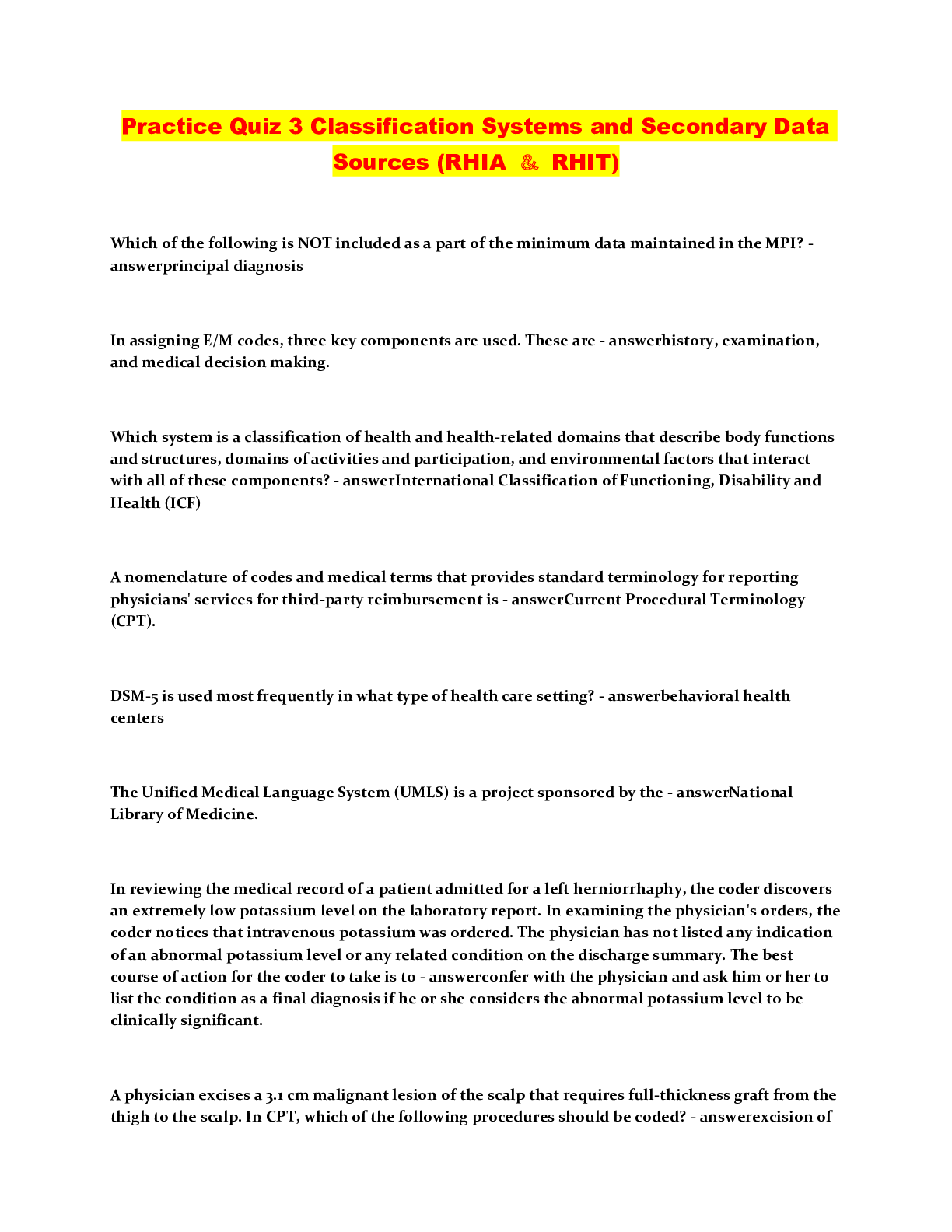 Preview image of Practice Quiz 3 Classification Systems and Secondary Data Sources (RHIA ＆ RHIT) document
